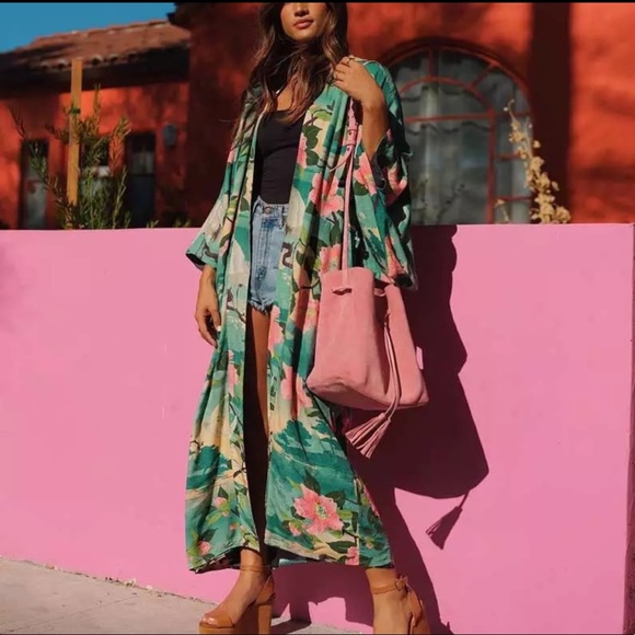 Boho Nightingale Aqua Floral Long Kimono - Picture 5 of 7